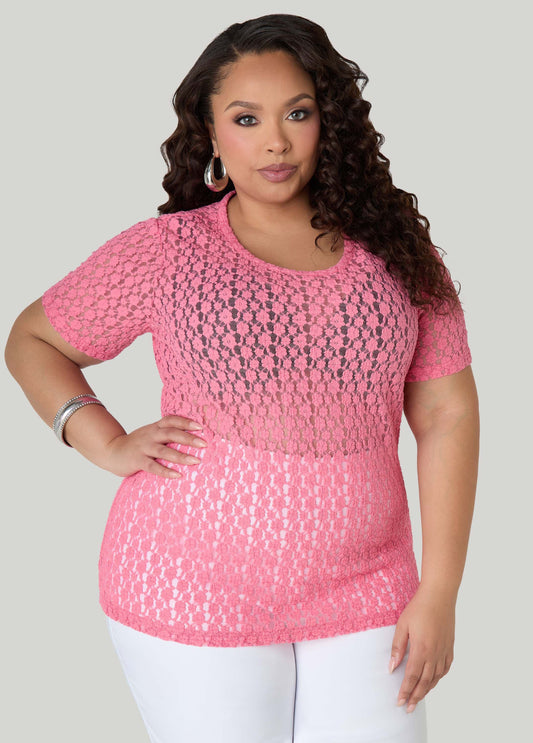 Plus Size Sheer Mesh Short Sleeve T Shirt Floral Tee