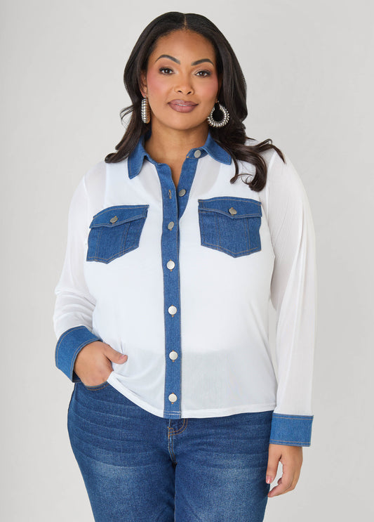 Denim Paneled Mesh Shirt