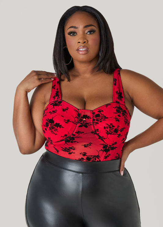 Plus Size Flocked Mesh Bodysuit