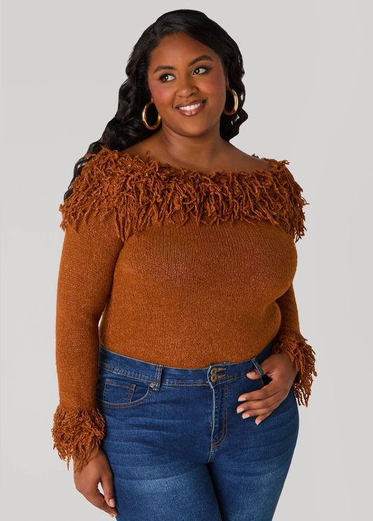 Plus Size Fringed Off The Shoulder Sweater