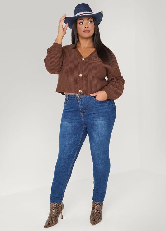 Plus Size Cropped Brown Cardigan Sweater Trendy Ribbed Knit Layer Top