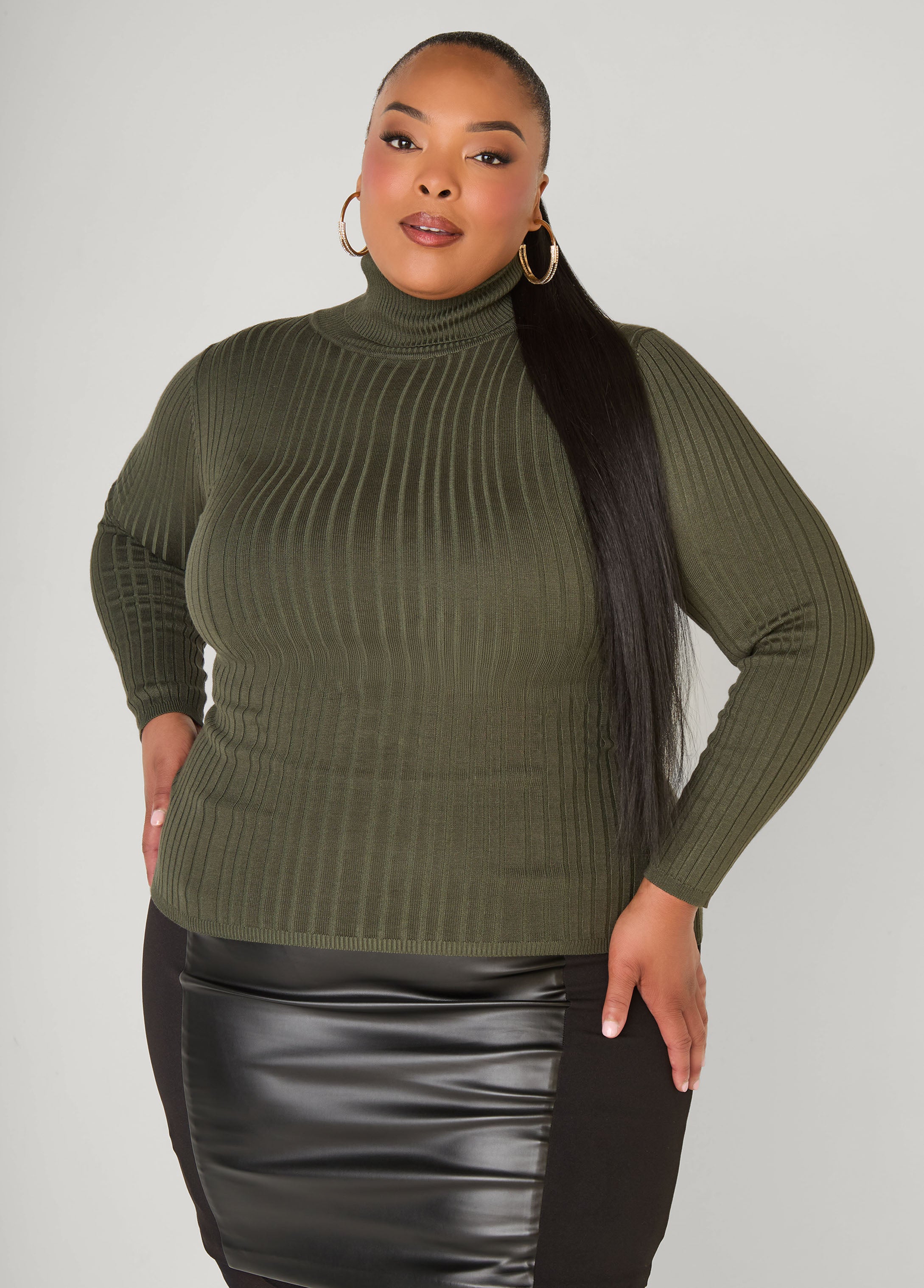 Plus Size Turtleneck Ribbed Knit Sweater