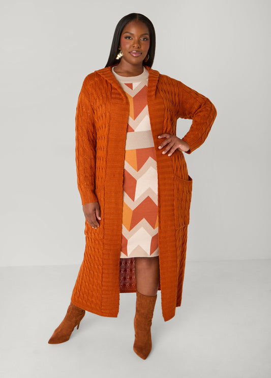 Hooded Cable Knit Duster