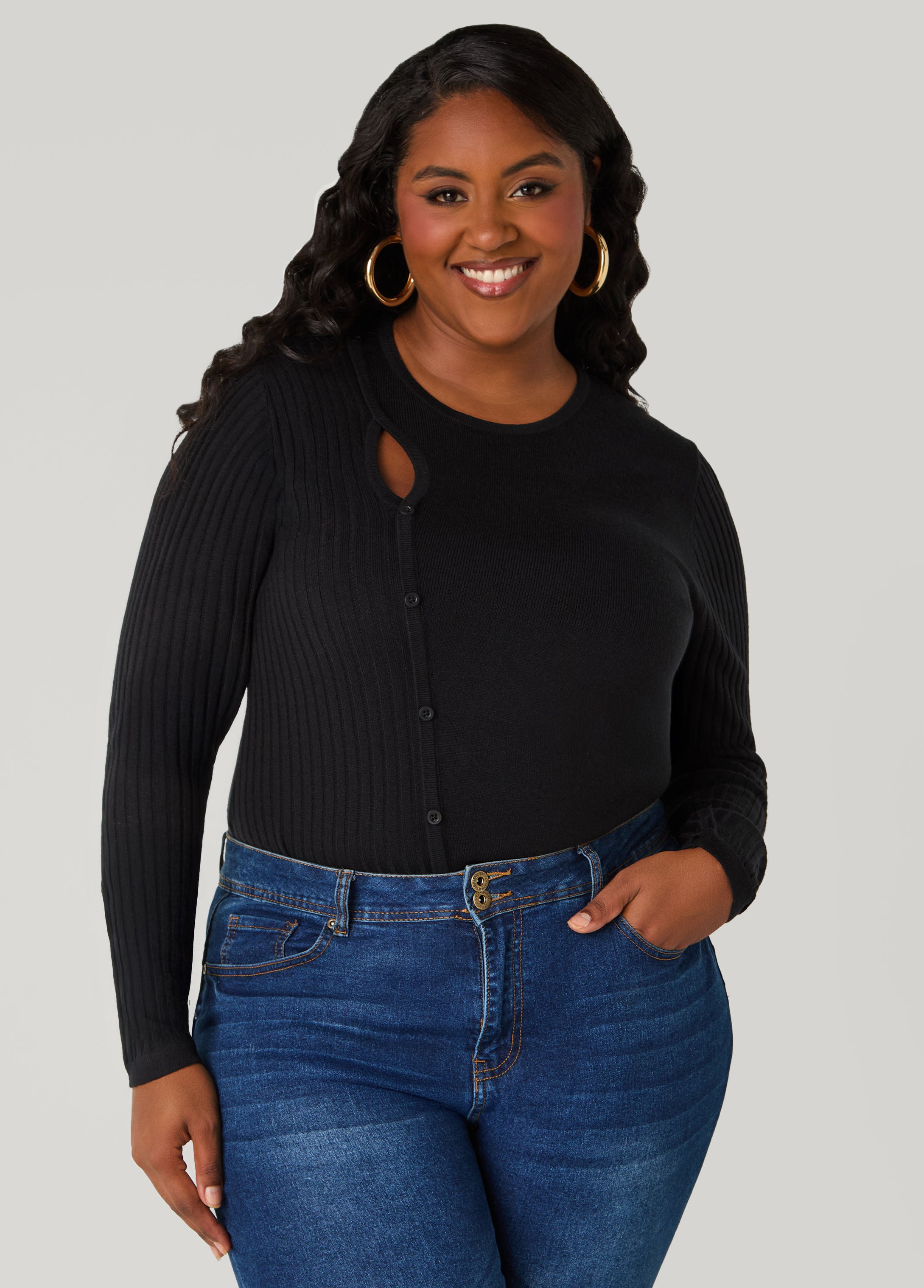 Plus Size Cutout Button Embellished Sweater
