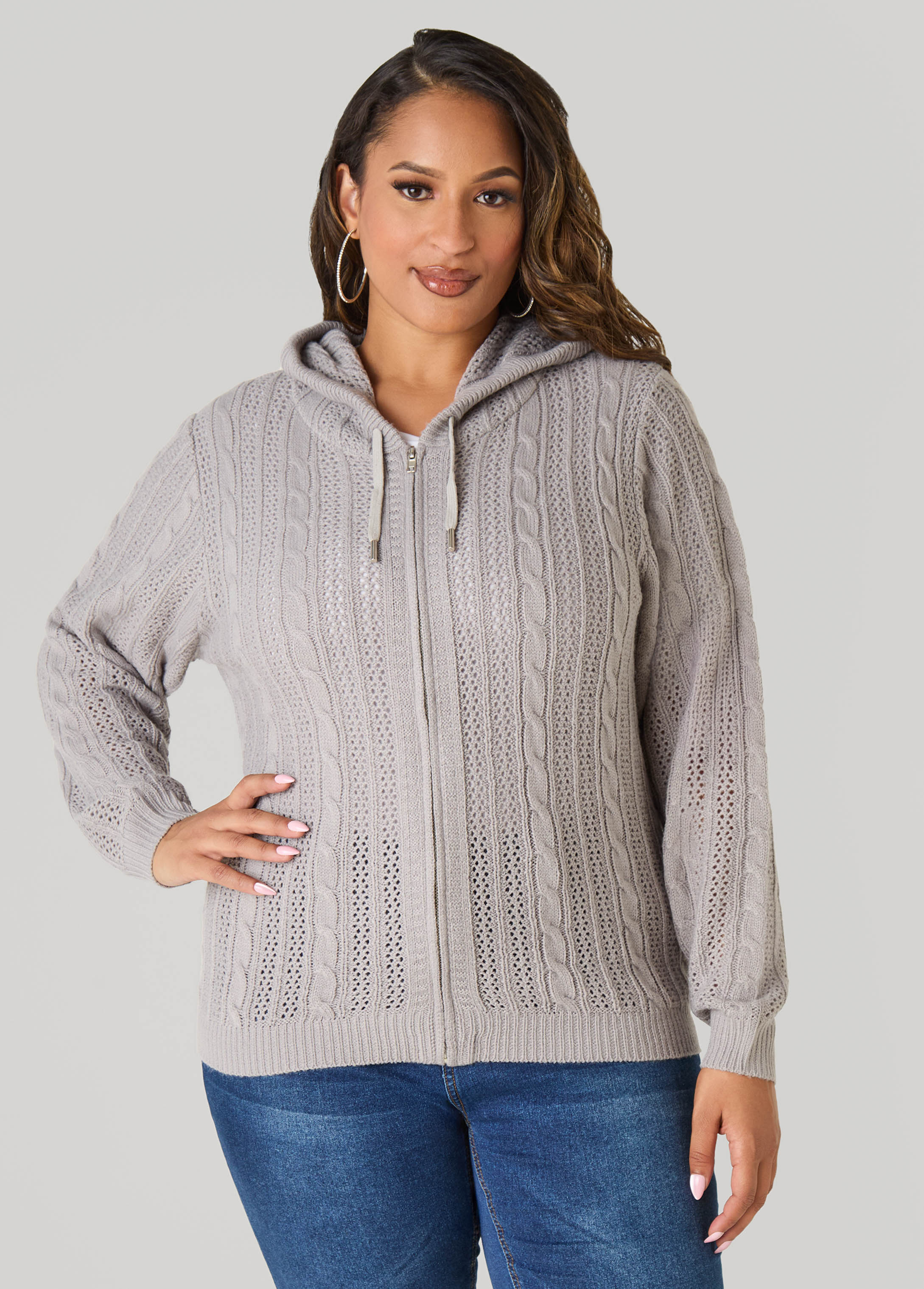 Plus Size Zip Front Cable Knit Hoodie