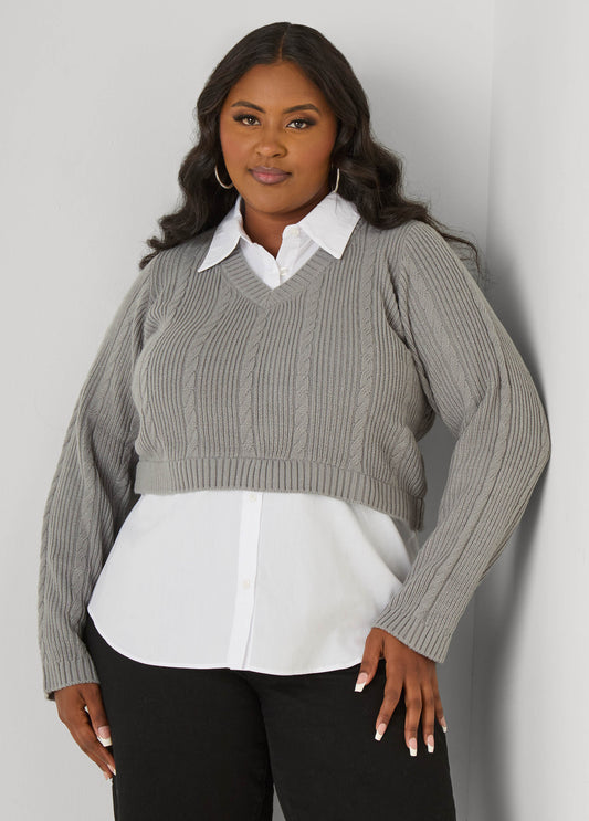 Poplin Paneled Cable Knit Sweater