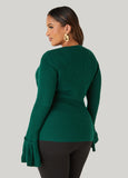 Bell Cuff Faux Wrap Ribbed Sweater