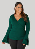 Bell Cuff Faux Wrap Ribbed Sweater