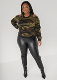 Studded Cold Shoulder Camo Sweater