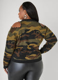 Studded Cold Shoulder Camo Sweater