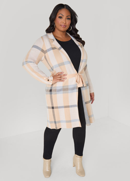 Plus Size Belted Plaid Cardigan