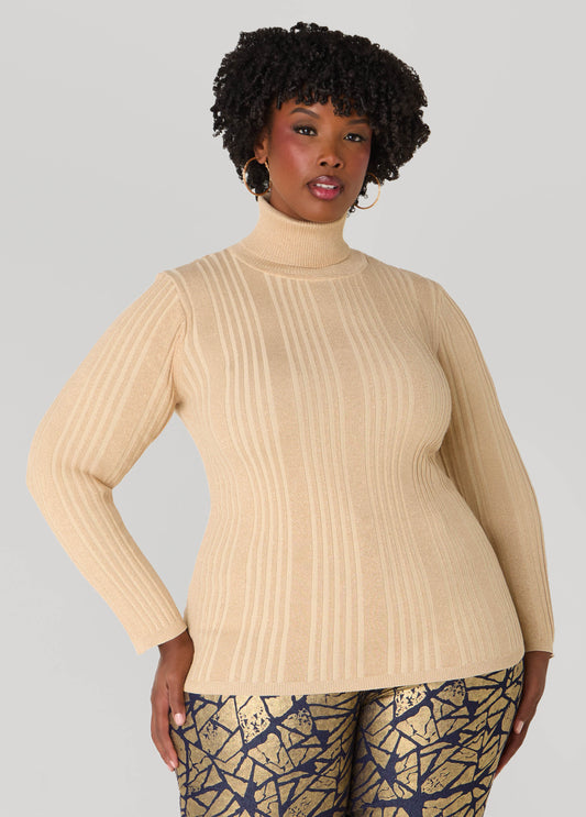 Plus Size Metallic Gold Ribbed Knit Top Turtleneck Sweater