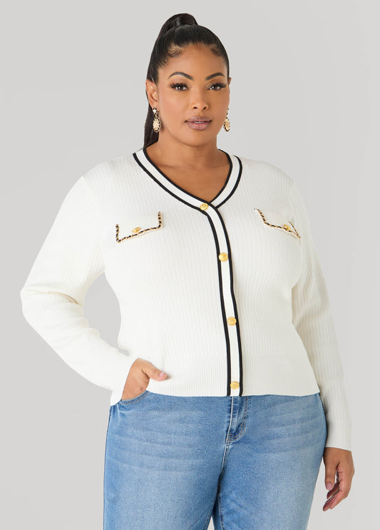 Faux Leather Chain Trimmed Sweater