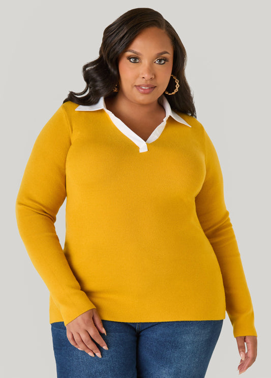 Poplin Paneled V Neck Sweater