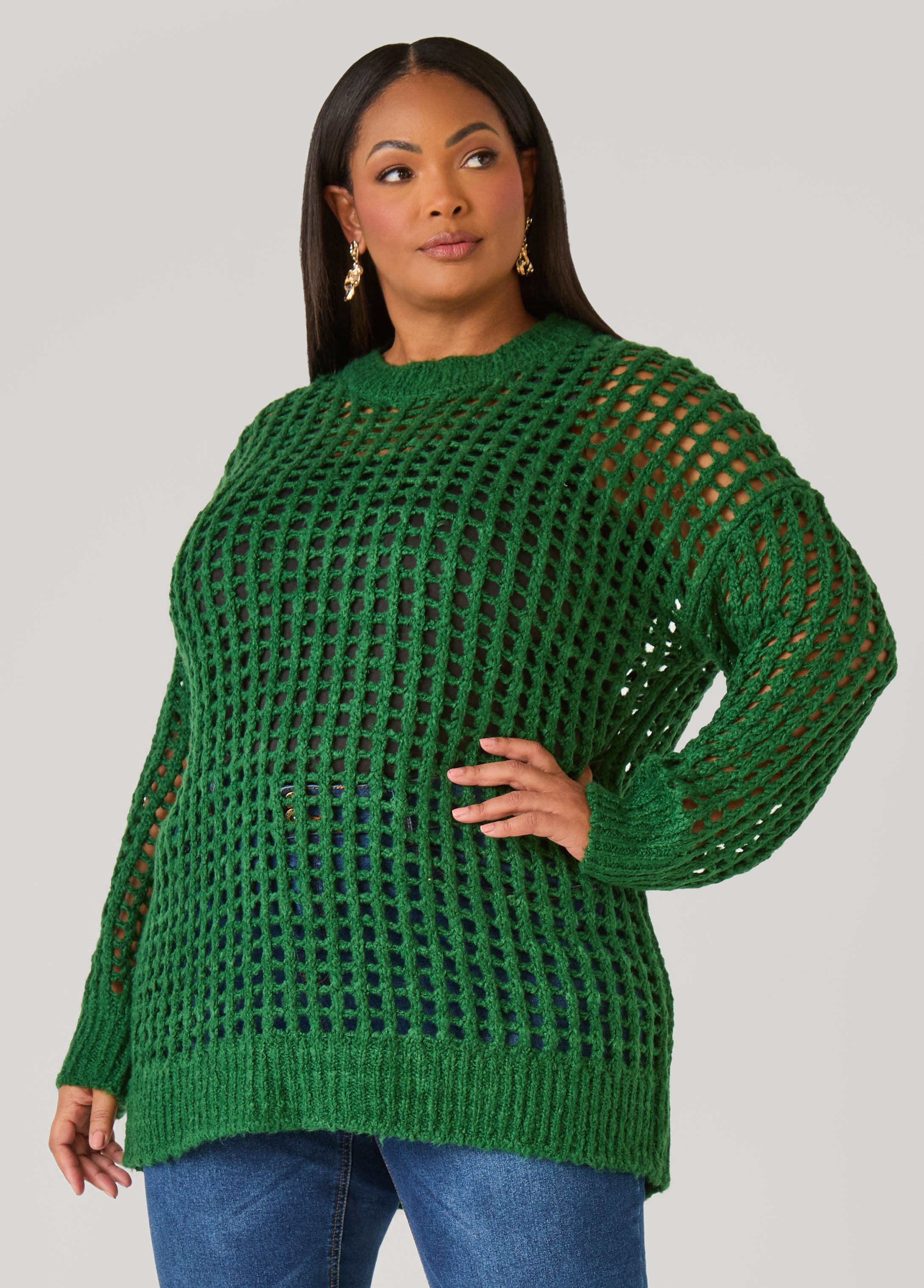 Plus Size Open Knit Crewneck Sweater