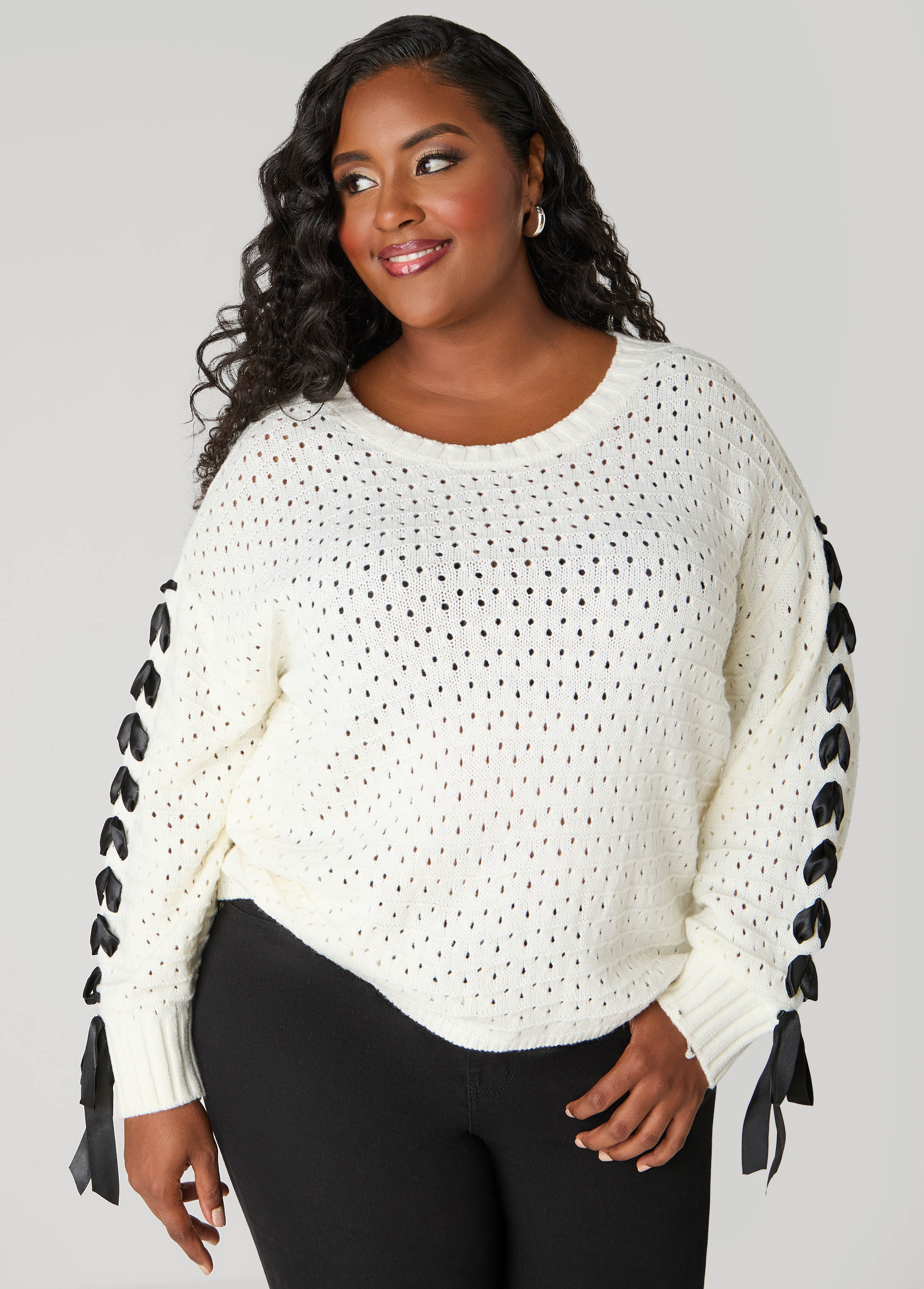 Plus Size Lace Up Pointelle Sweater