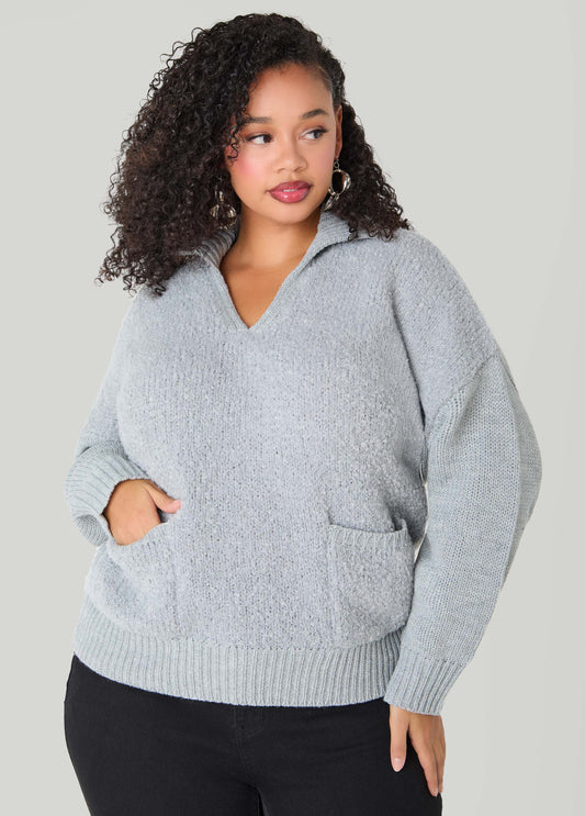 Plus Size V Neck Boucle Knit Pullover