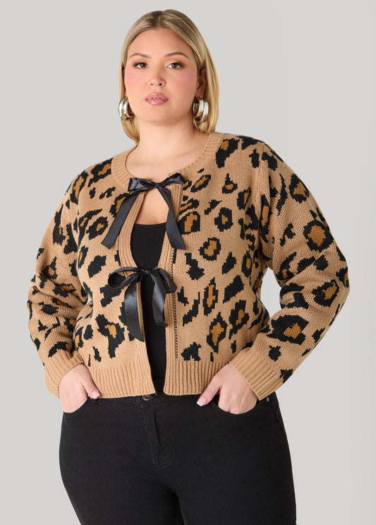 Plus Size Ribbon Detailed Animal Cardigan