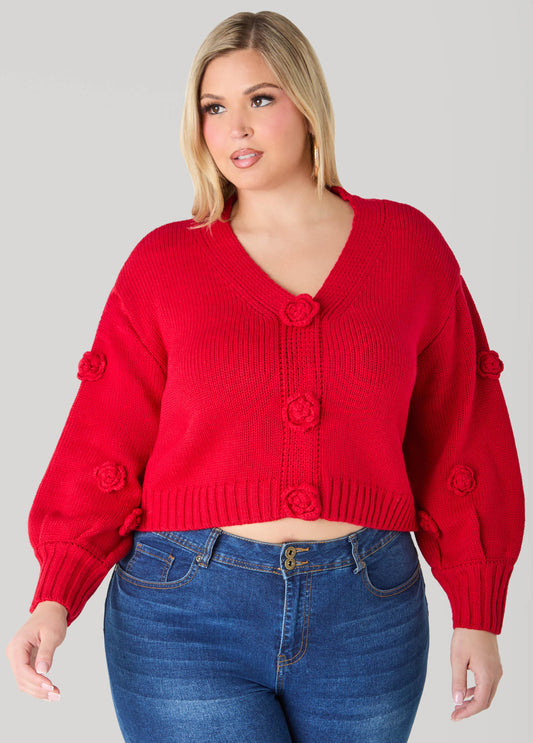 Plus Size Cropped Rosette Cardigan