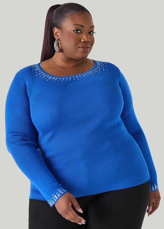 Plus Size Crystal Ribbed Knit Sweater