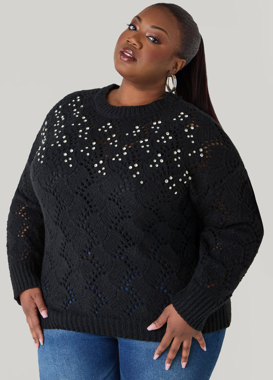 Plus Size Crystal Pointelle Knit Sweater