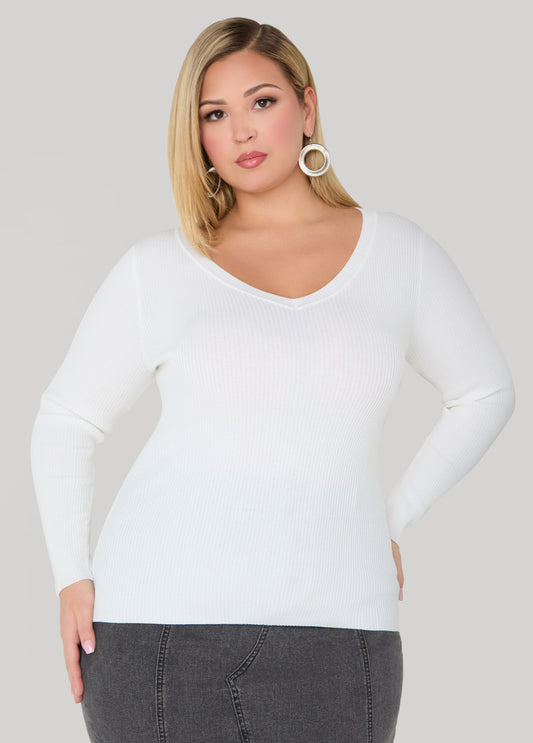 Ribbed Knit V Neck Sweater