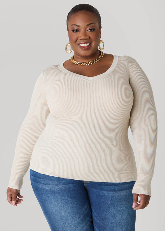 Ribbed Knit V Neck Sweater
