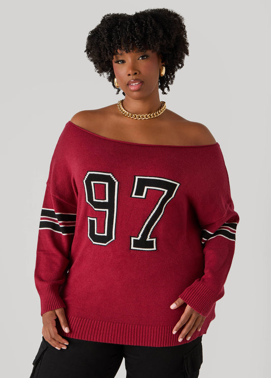 Plus Size Off The Shoulder Varsity Sweater
