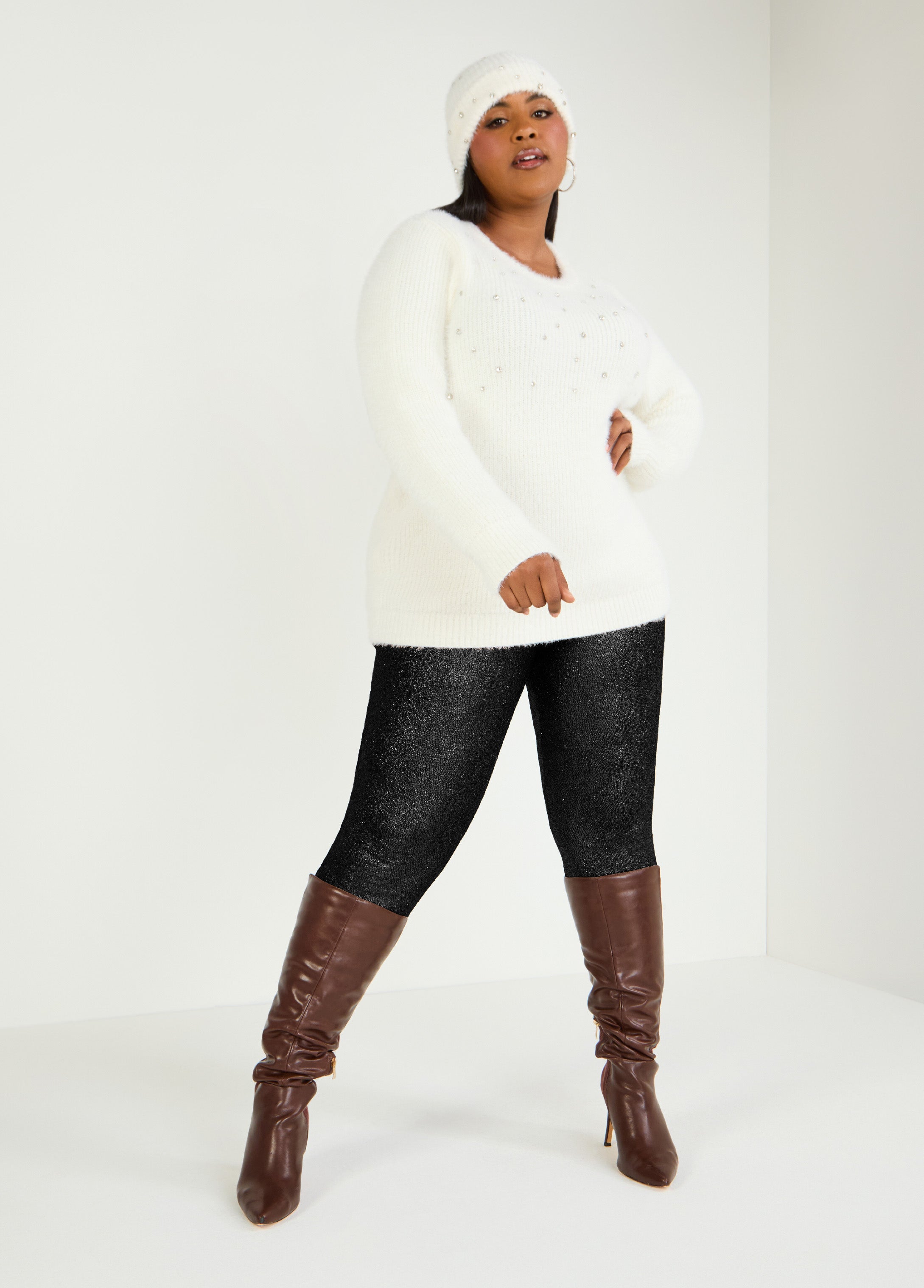Plus Size Sweater Set Two Piece Matching Ivory Sweater Hat Set