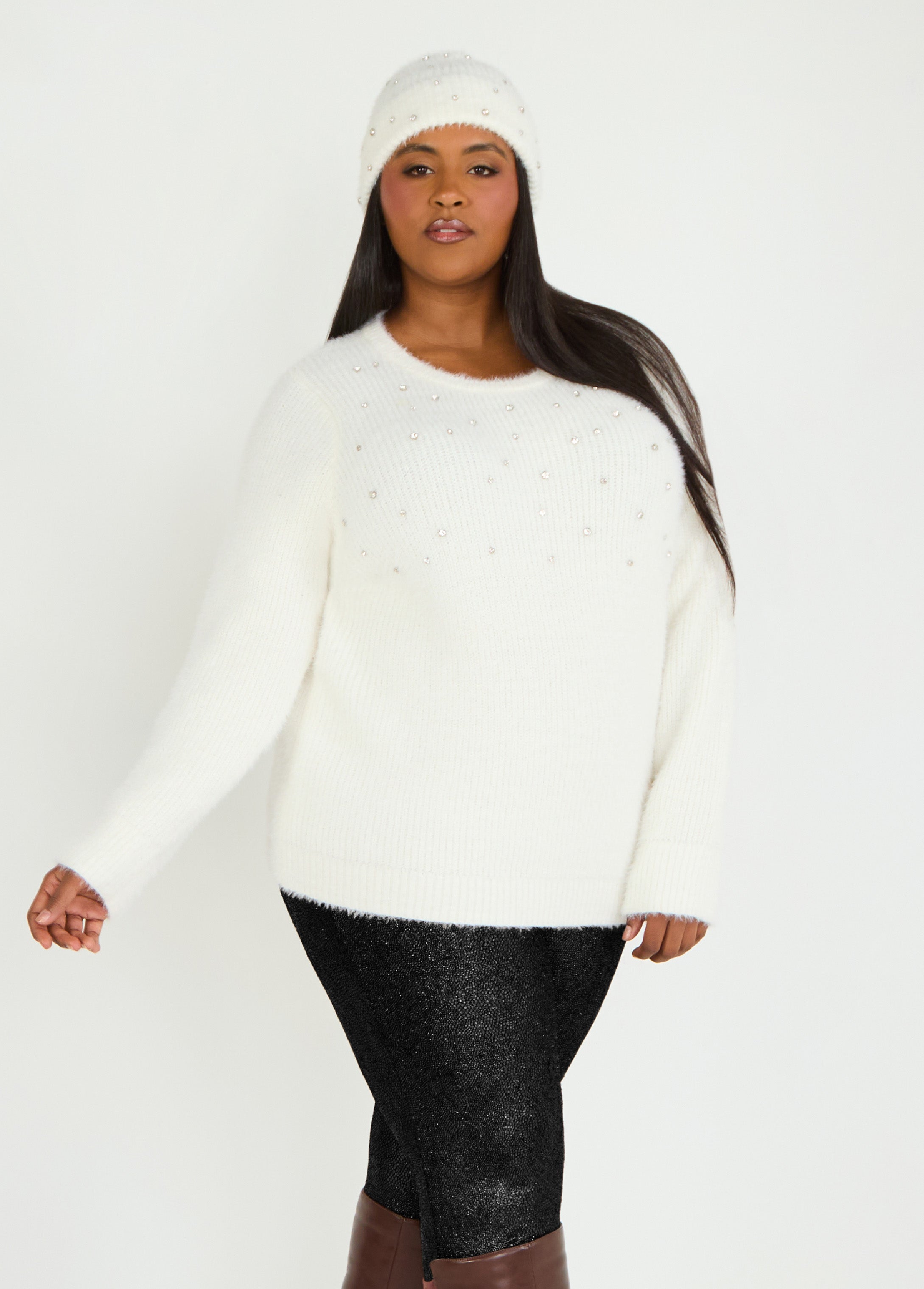 Plus Size Sweater Set Two Piece Matching Ivory Sweater Hat Set