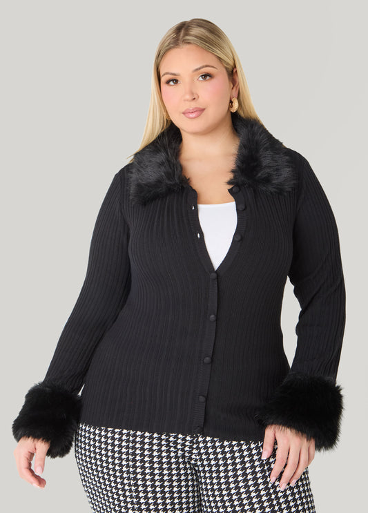 Faux Fur Trimmed Ribbed Cardigan