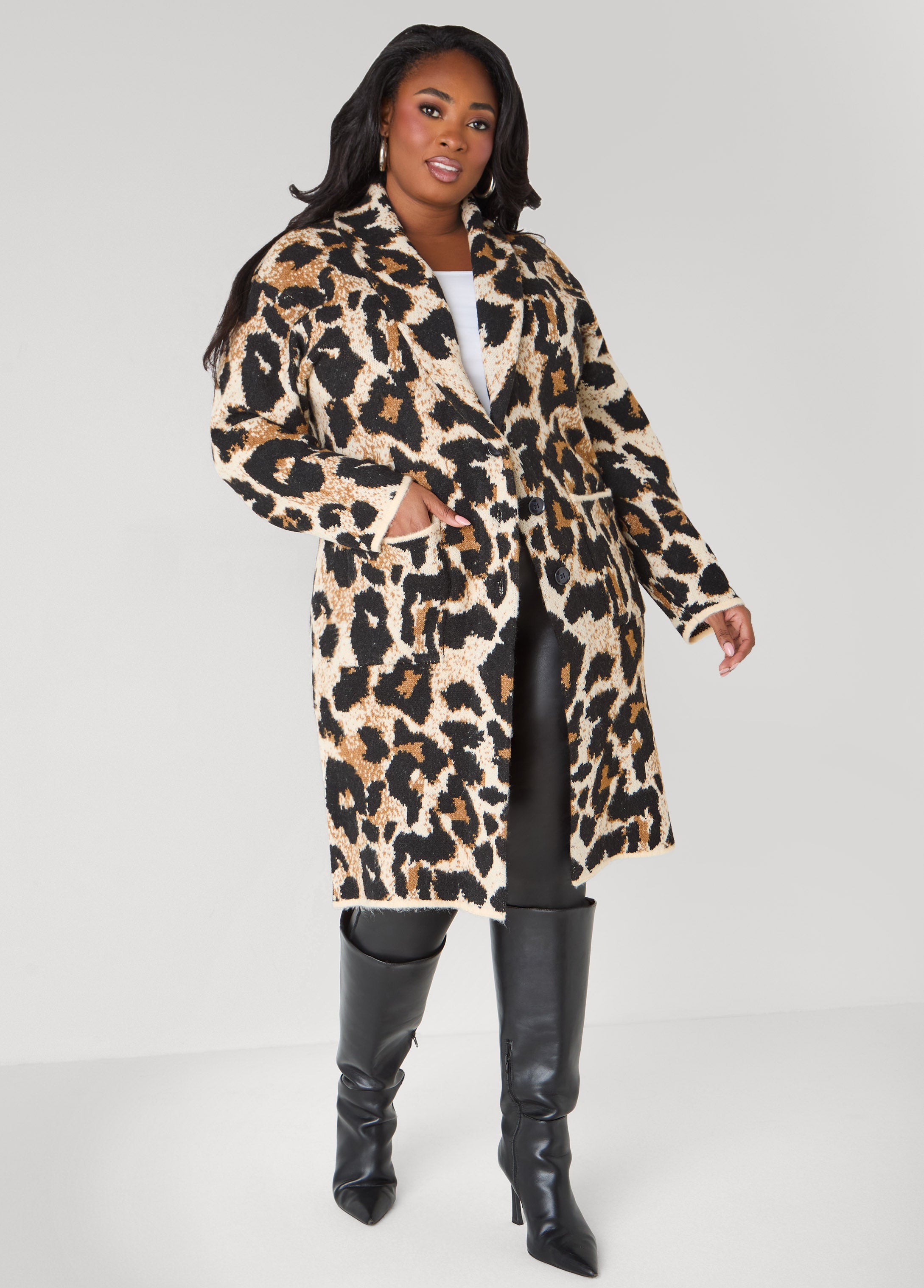 Plus Size Shawl Collar Animal Duster