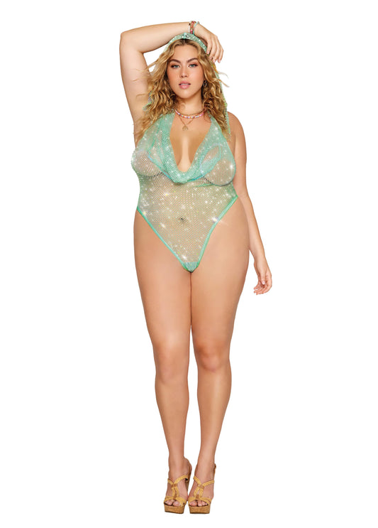 Plus Size Crystal Hooded Halter Teddy