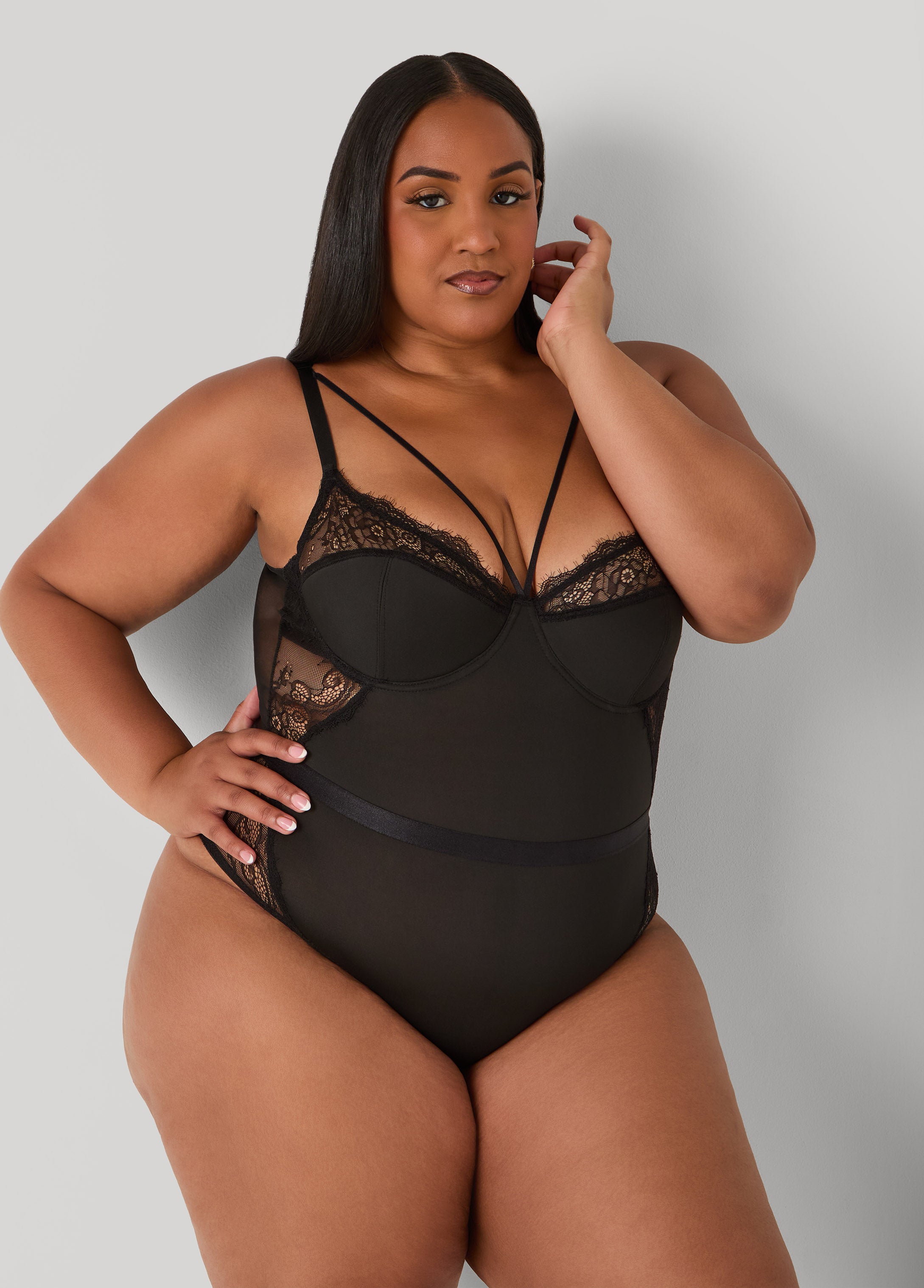 Plus Size Caged Lace And Mesh Bodysuit