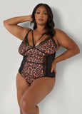 Plus Size Leopard Panel Crotchless Bodysuit
