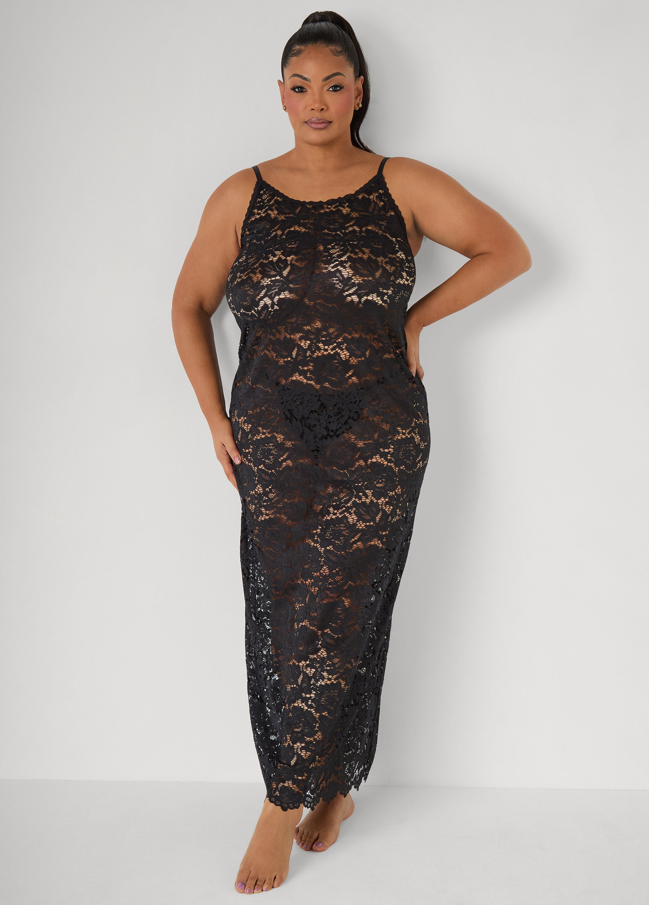 Plus Size Floral Lace Lingerie Gown, Black, 2X - Ashley Stewart Plus Size Floral Lace Lingerie Gown, Black, 2X - Ashley Stewart