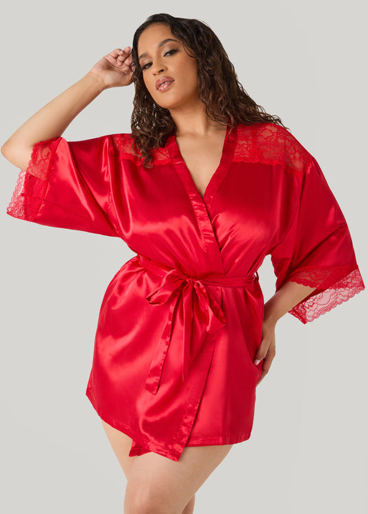 Plus Size Lace Paneled Satin Robe