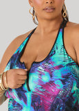 Zip Front Leaf Print Tankini Top