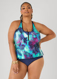Zip Front Leaf Print Tankini Top