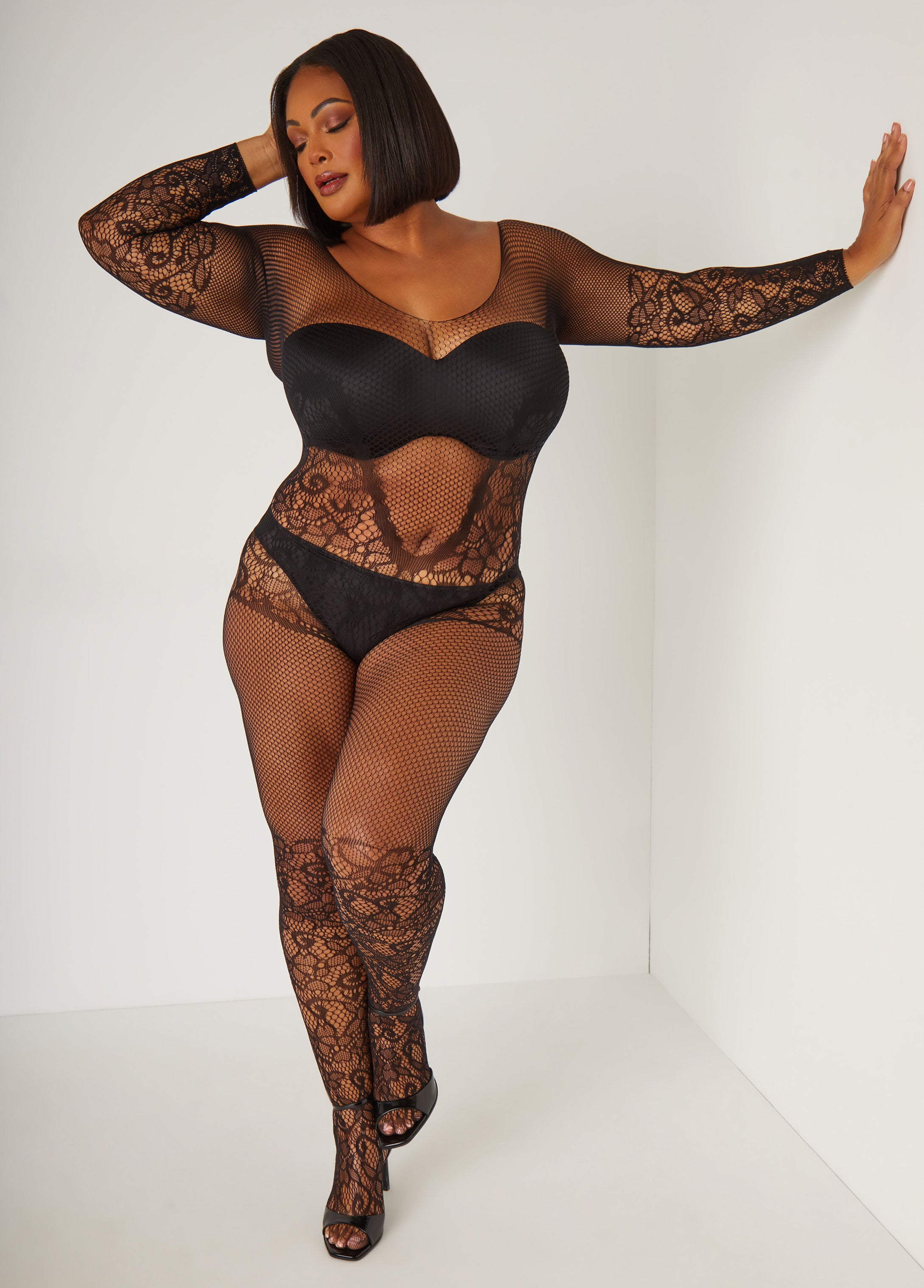 bodystocking Plus Size Fishnet Bodystocking Sexy Lingerie Plus Size Lace Catsuit –  Ashley Stewart