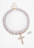 Statement cross pearls gold necklace earrings fashion jewelry set