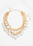 Statement dangle gold layered faux pearl necklace fashion jewelry set