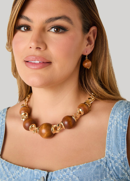 Chain Link Wood Bead Necklace Set