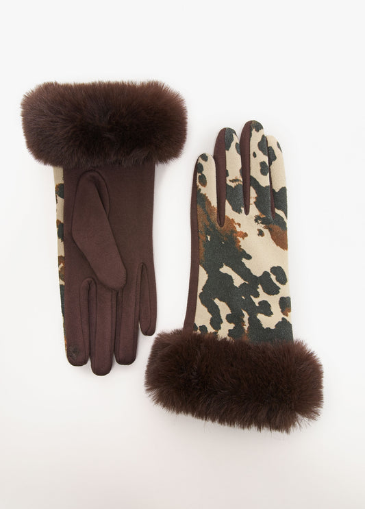 Faux Fur Cuff Cow Print Gloves