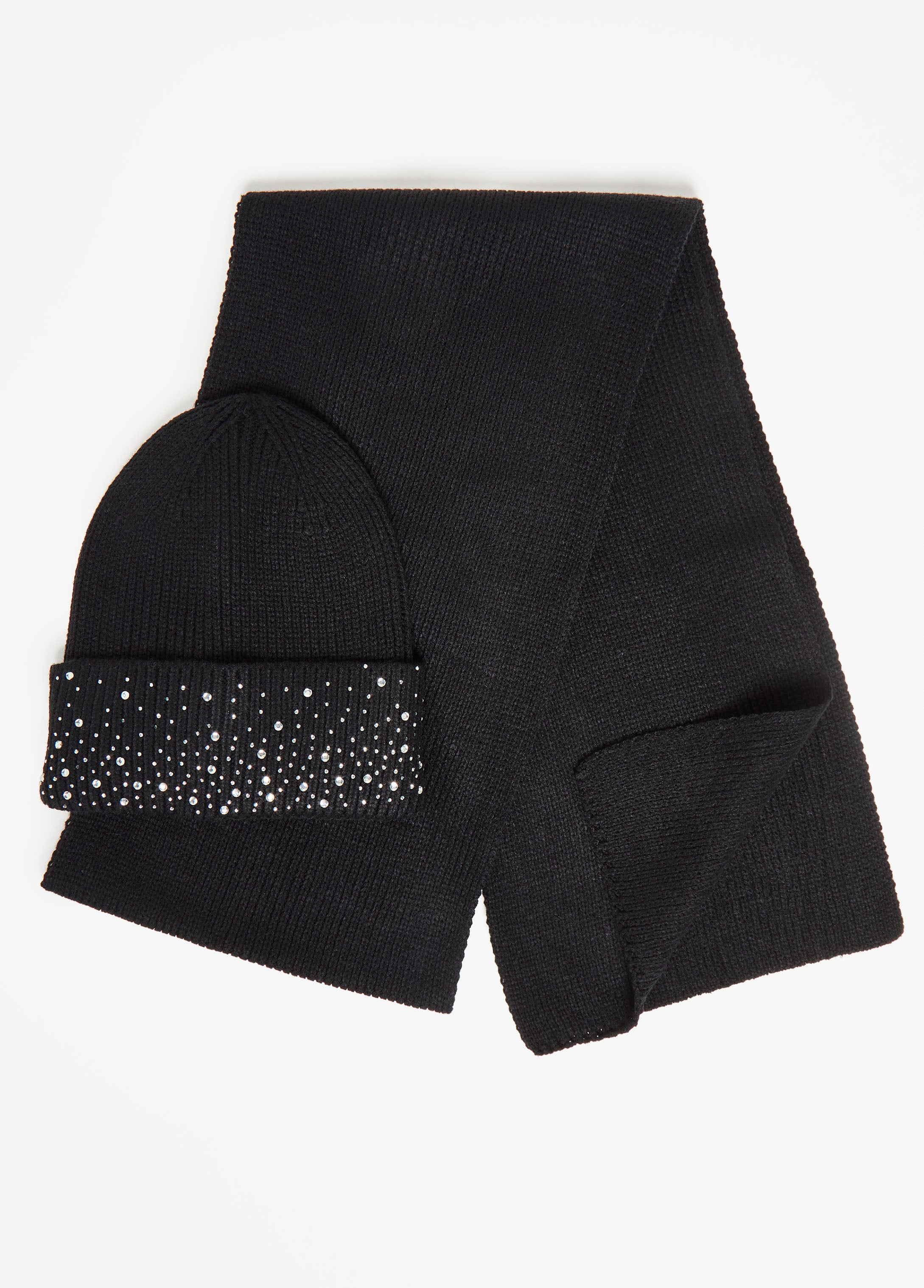 Holiday Gift 2 Piece Set Crystal Knit Cozy Black Hat Scarf Set