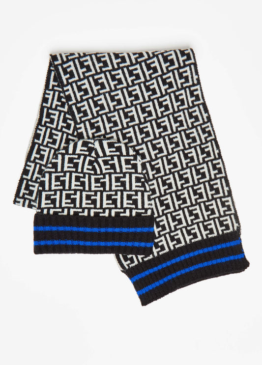 Holiday Gift 2 Piece Set Intarsia Knit Greek Key Black Hat Scarf Set