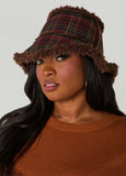 Faux Fur Trimmed Plaid Bucket Hat
