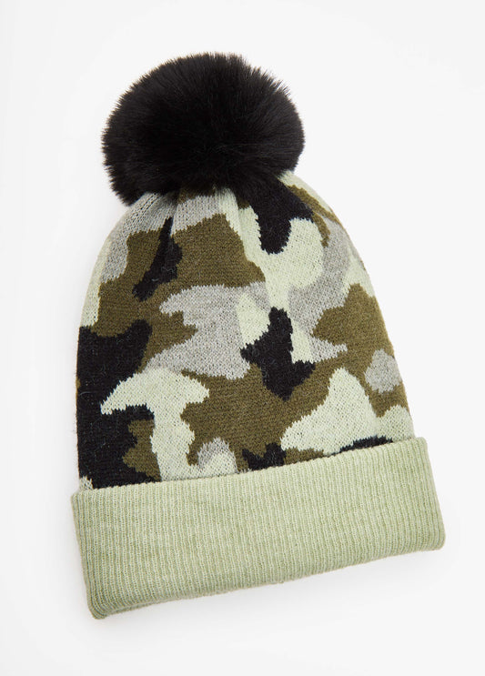 Camo Faux Fur Pom Pom Beanie