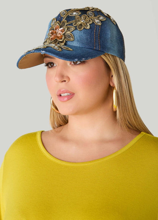 Floral Applique Denim Baseball Hat