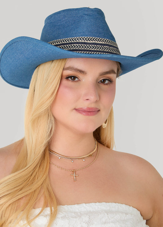 Chevron Trimmed Denim Cowboy Hat
